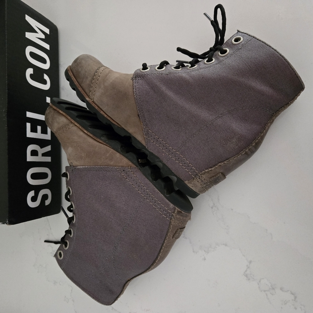 Sorel PDX Lexie Leather Canvas Wedge Lace-Up Ankle Boot Gray Brown Size 8.5 - Picture 6 of 9